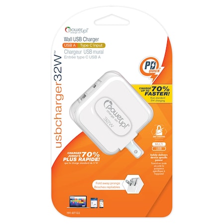 Power Up! USB Charger-Wall Plug 32w 2 Ports USB USB-C 191-07122